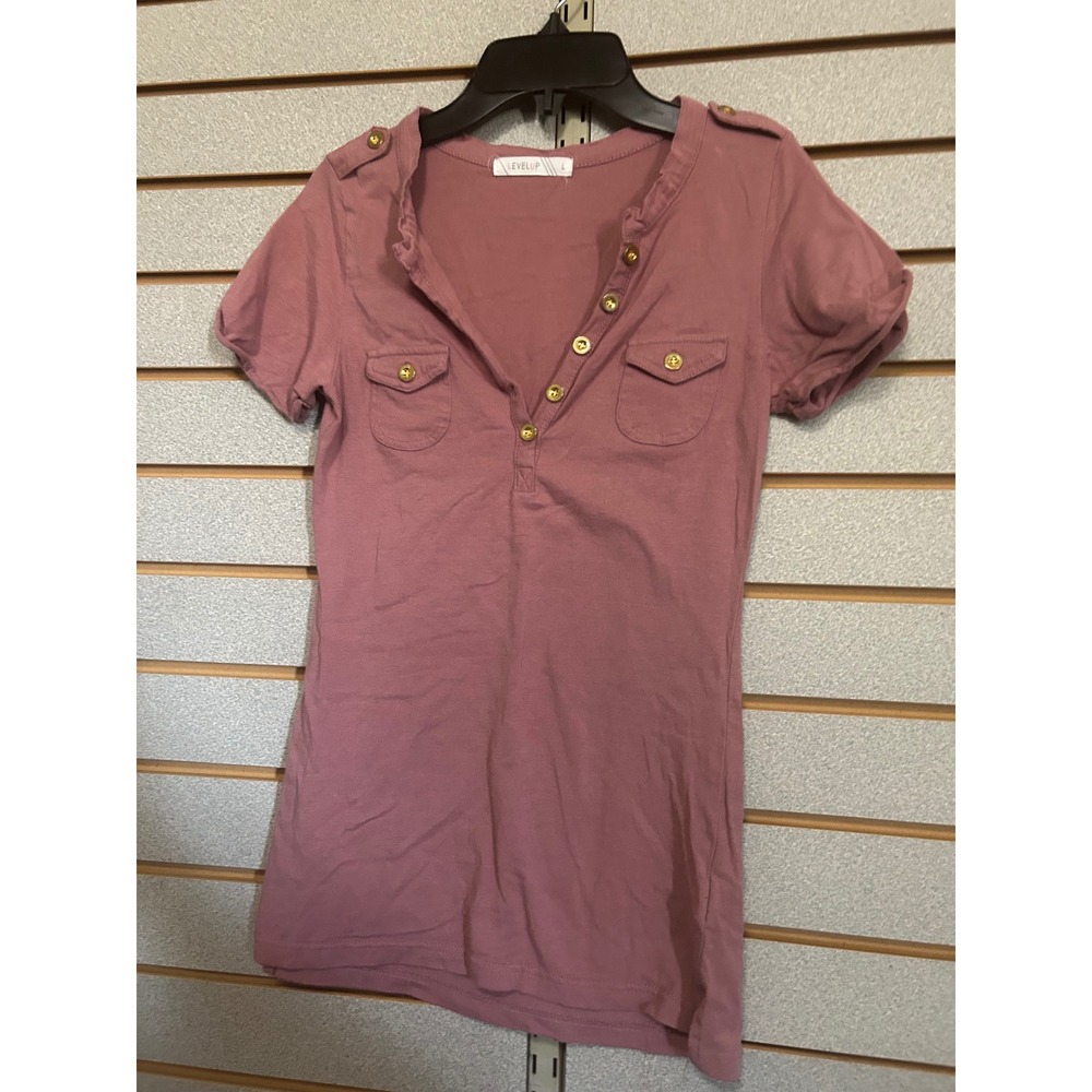 LEVELUP Womens Mauve‎ Ribbed Henley Short Puff Sleeve Gold Button Top Large